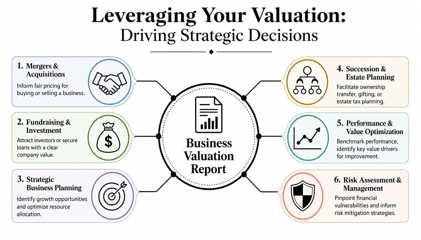 A diagram illustrating six strategic business benefits of conducting a professional business valuation report.