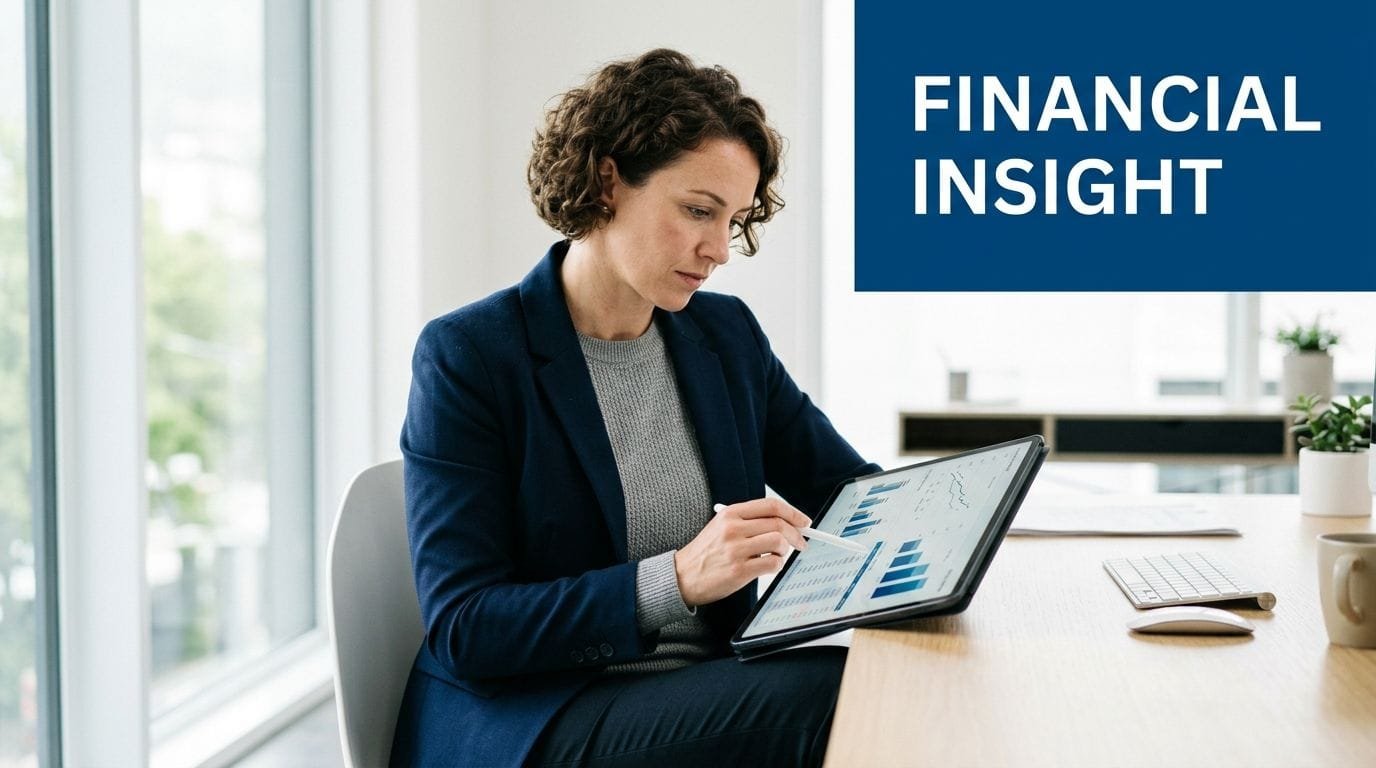 A professional woman in a blazer reviewing financial charts and data on her tablet at a desk.