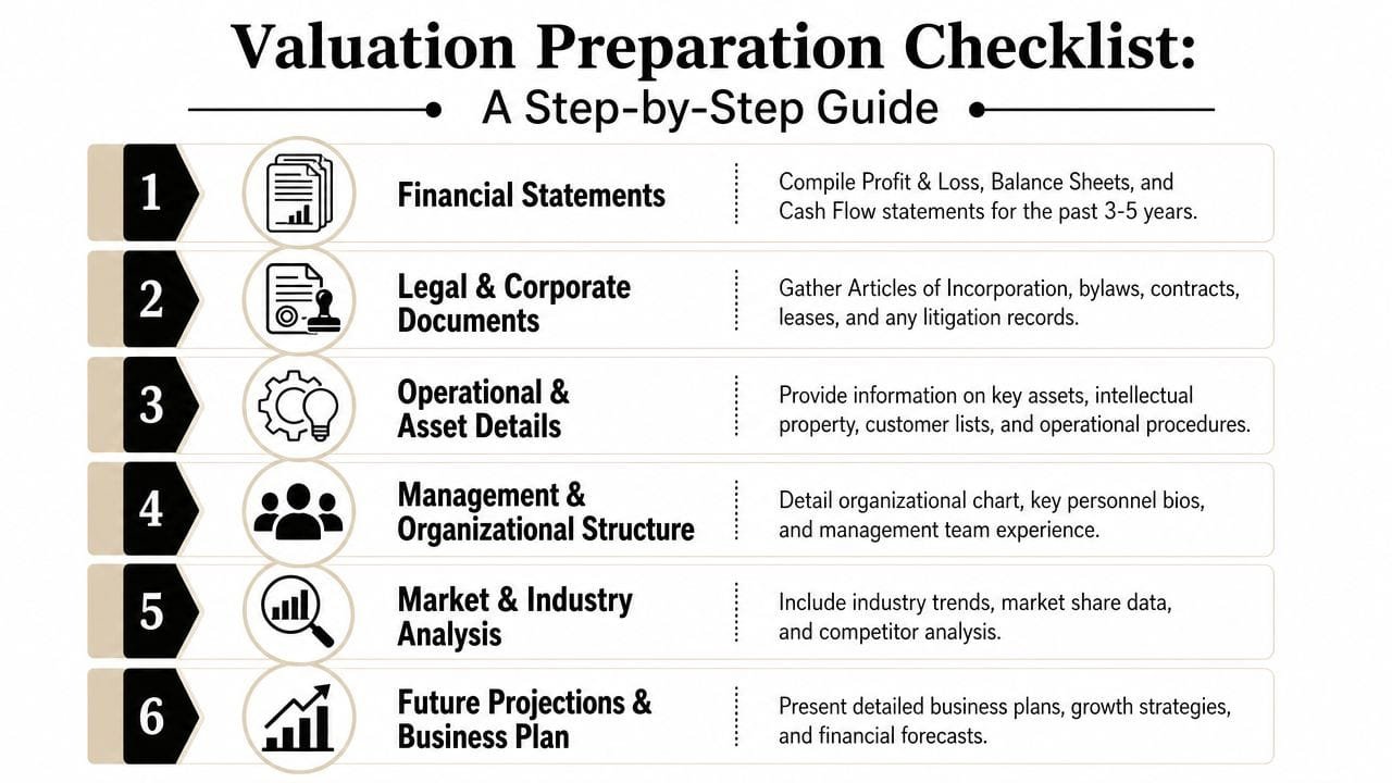 A six-step valuation preparation checklist for businesses, detailing essential financial, legal, and operational document requirements.