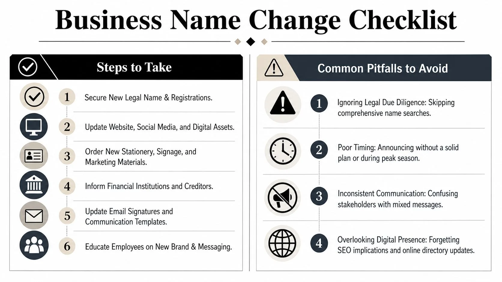A checklist infographic titled Business Name Change Checklist, showing steps to take and common pitfalls to avoid.