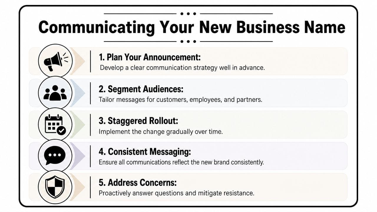 A list of five essential steps for effectively communicating a new business name to your target audience.