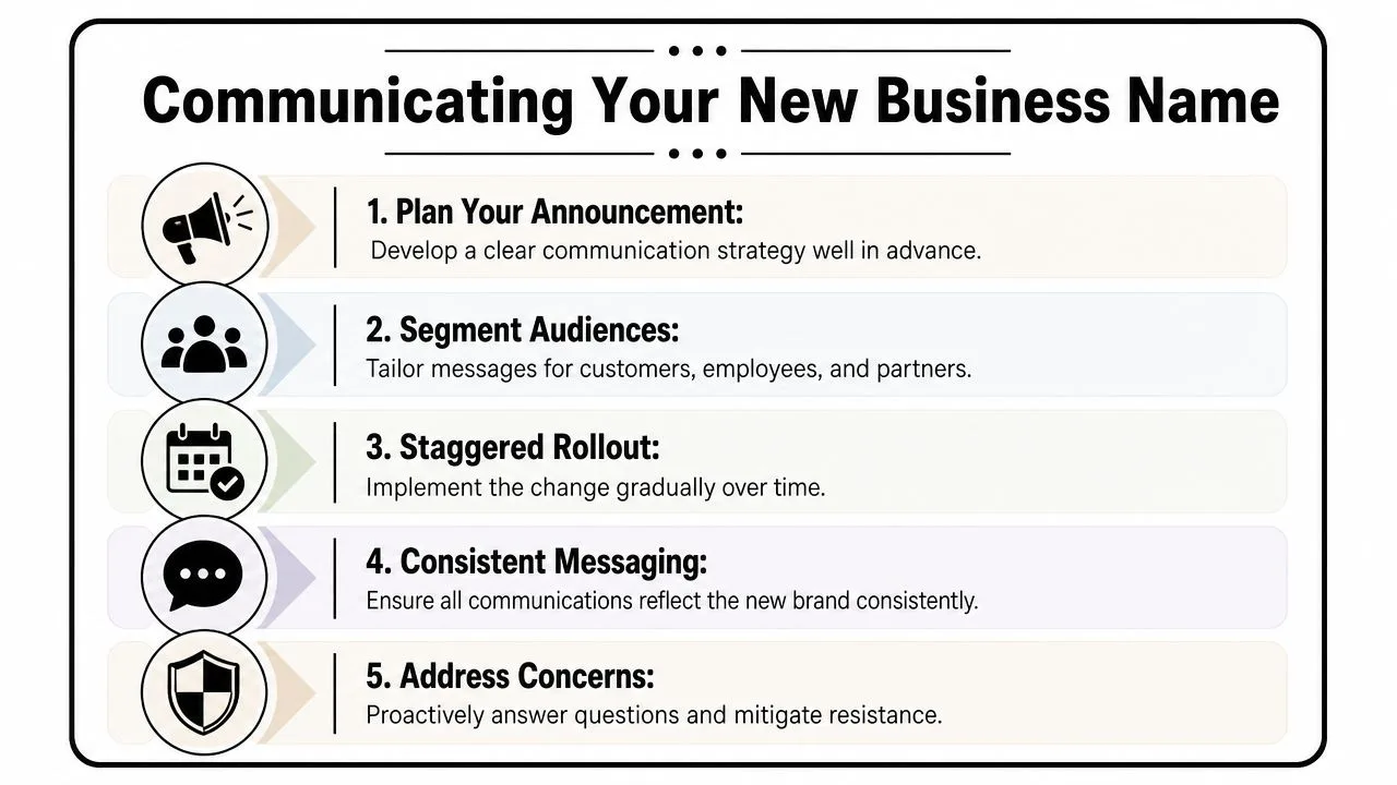 A list of five essential steps for effectively communicating a new business name to your target audience.