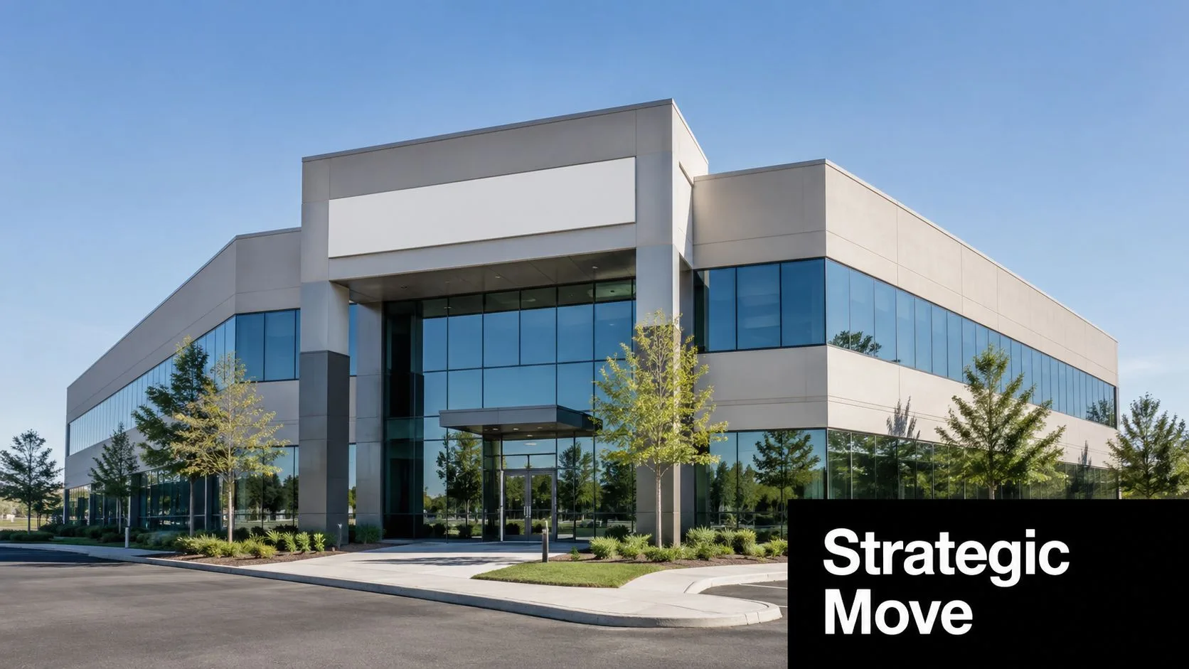 A modern commercial office building with a blank sign on the facade under a clear sky.