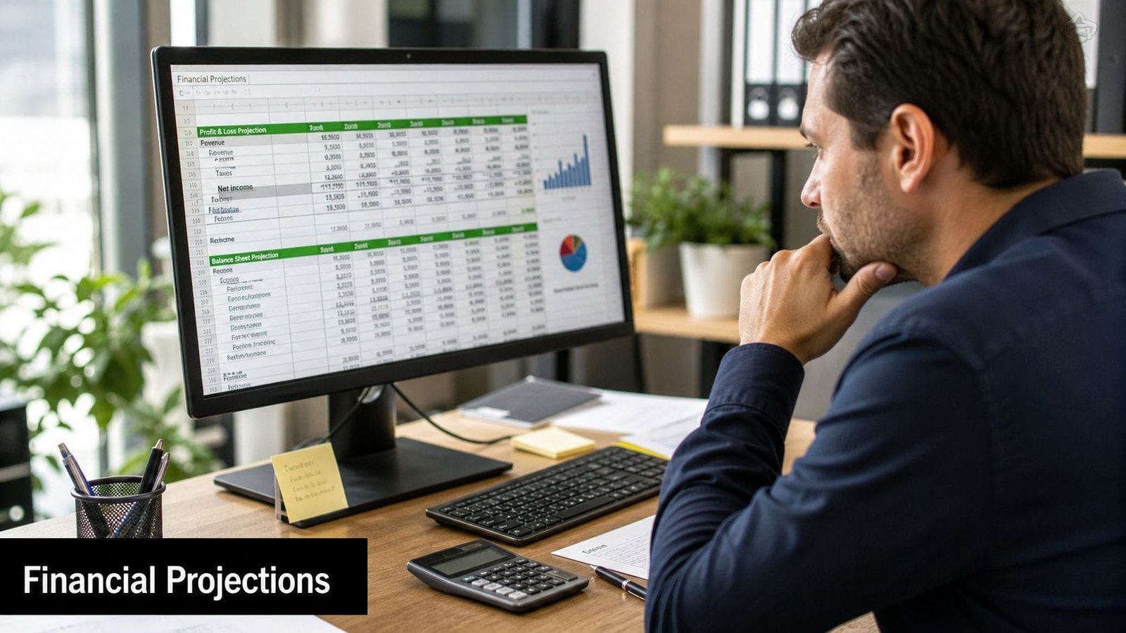A businessman sits at a desk analyzing financial projection spreadsheets on a computer screen in an office.
