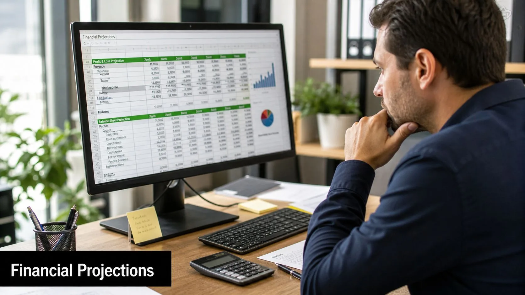A businessman sits at a desk analyzing financial projection spreadsheets on a computer screen in an office.