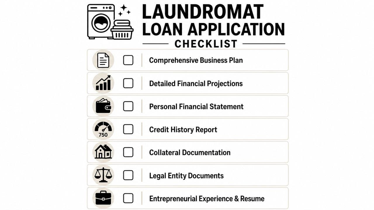 A comprehensive checklist for a laundromat loan application outlining essential documents required for business funding.