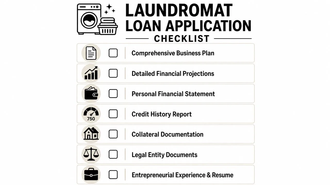 A comprehensive checklist for a laundromat loan application outlining essential documents required for business funding.