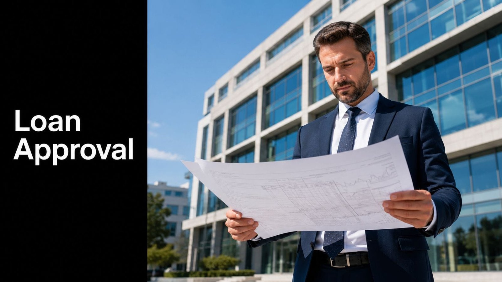 A professional man in a business suit reviewing blueprints in front of a modern corporate office building.