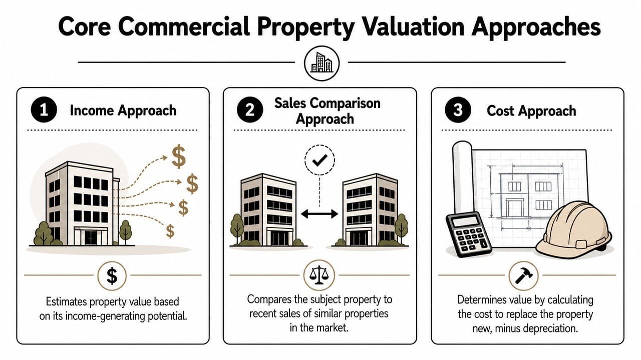 An infographic showing the three core commercial property valuation approaches: Income, Sales Comparison, and Cost Approach.