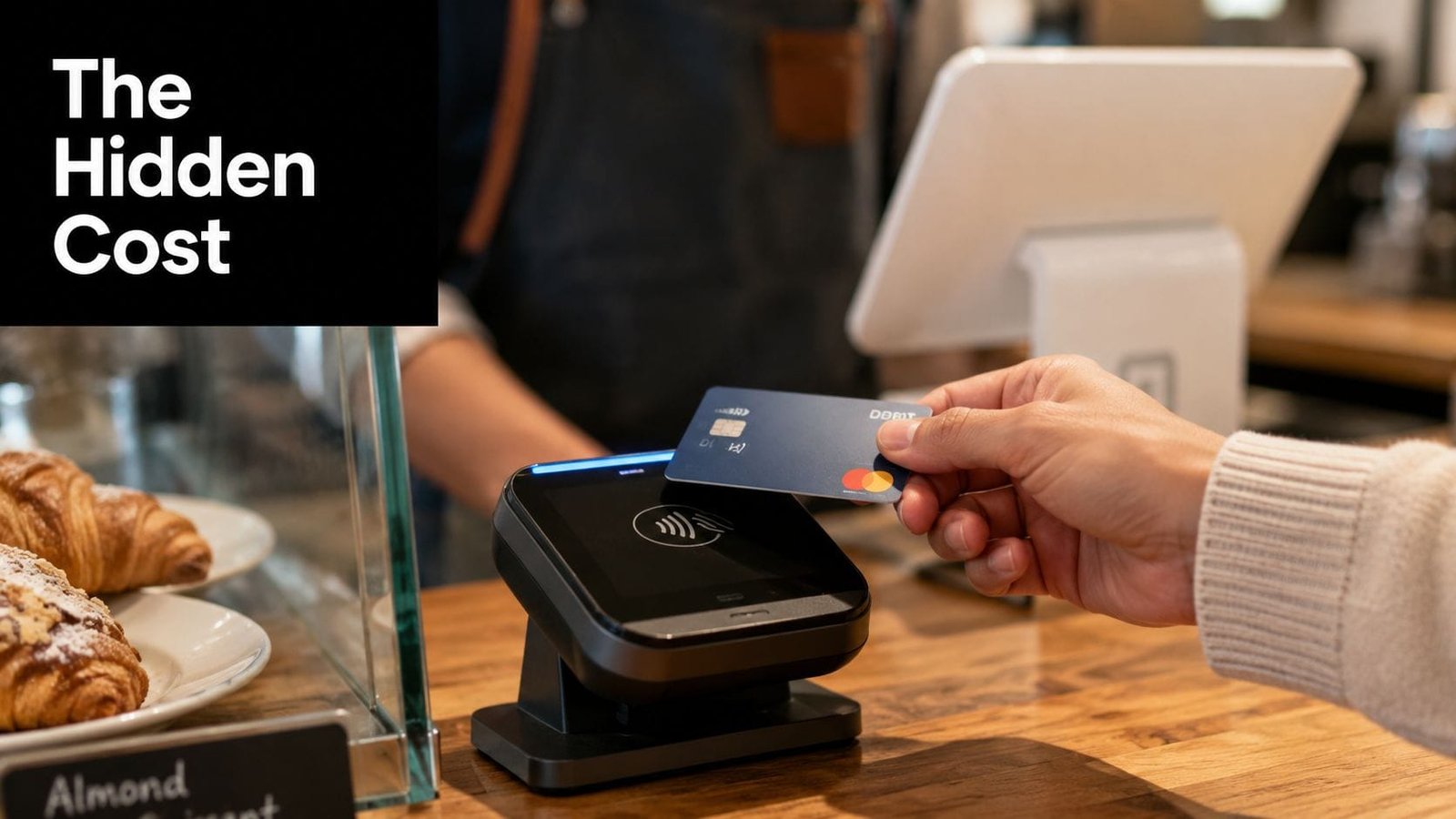 A person using a blue debit card to make a contactless payment at a cafe checkout counter.