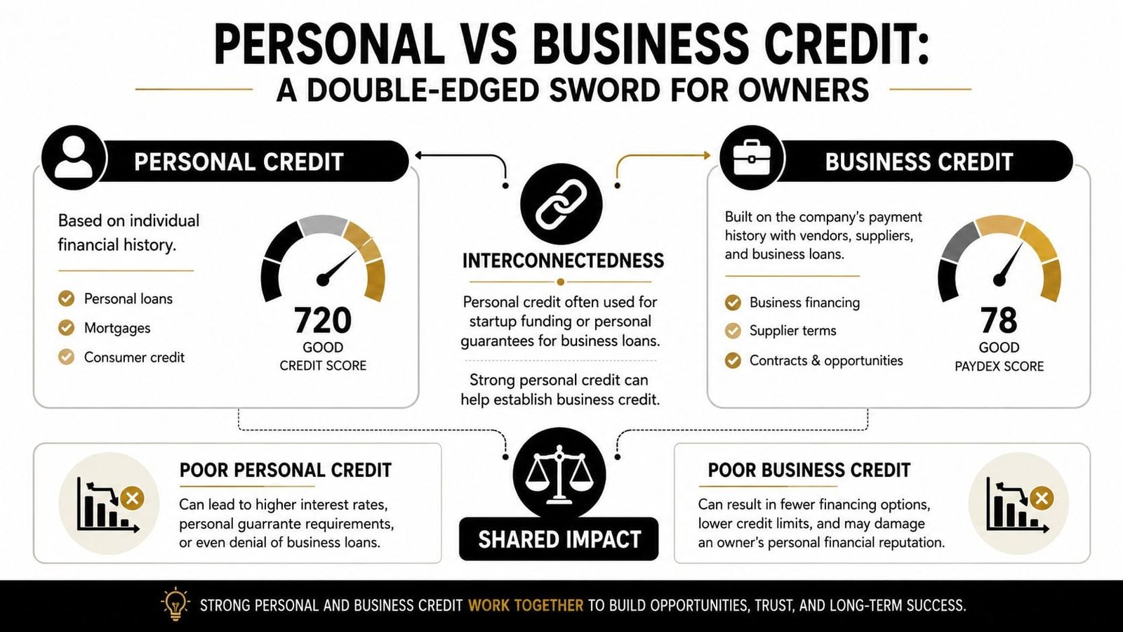 An infographic comparing personal credit and business credit, highlighting their interconnectedness and shared impact on financial success.