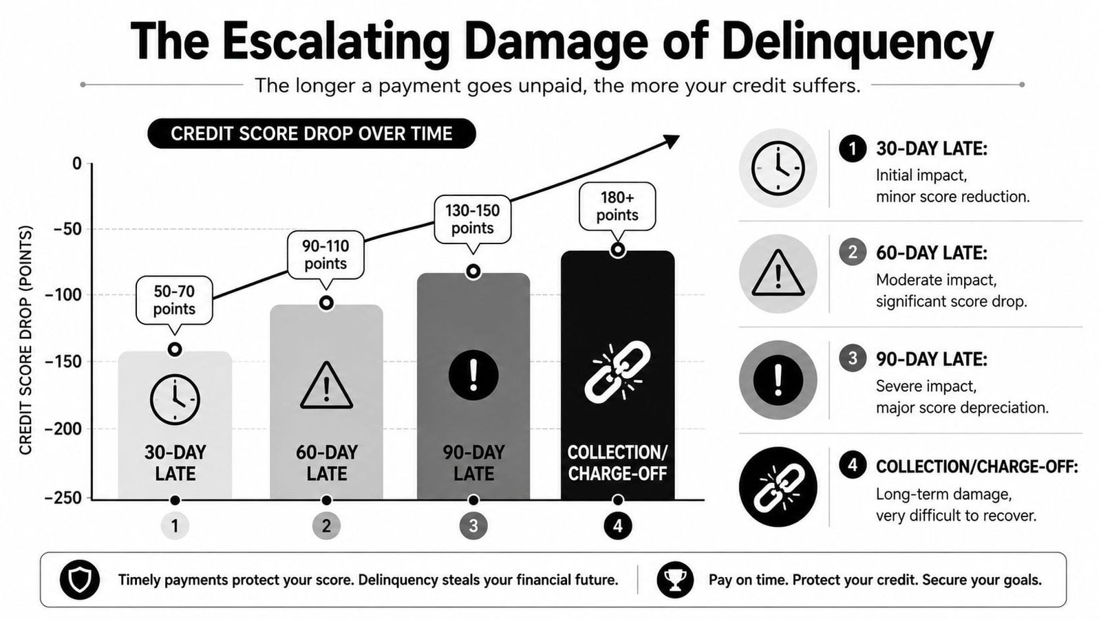A chart showing how credit scores decrease as payments become increasingly late, from 30 days to collections.