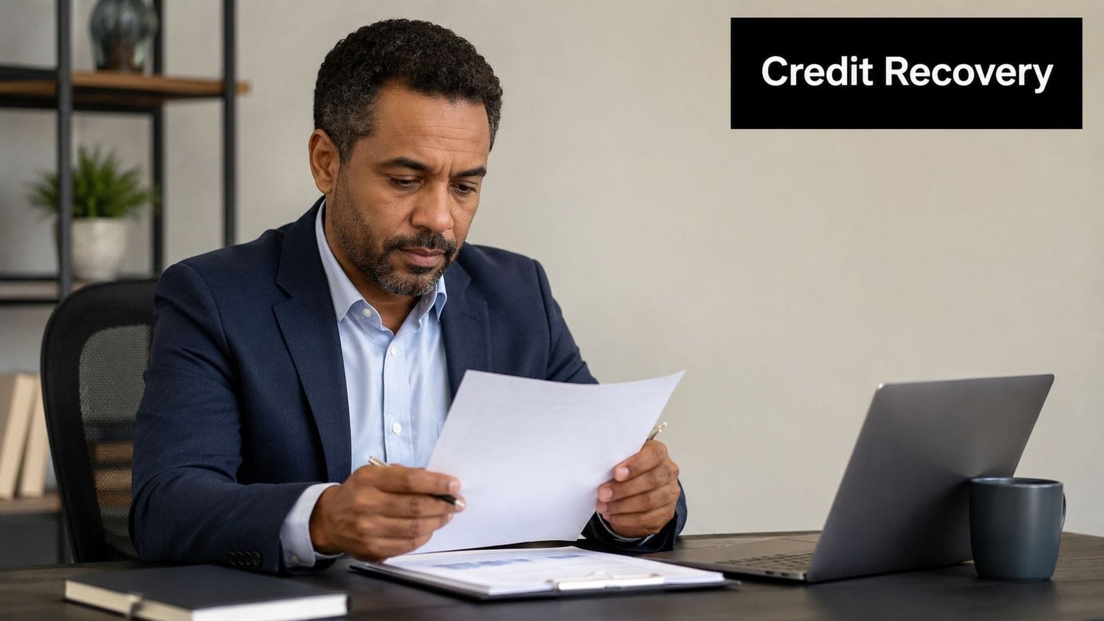 A professional man in a business suit reviewing documents while working at his desk in an office.