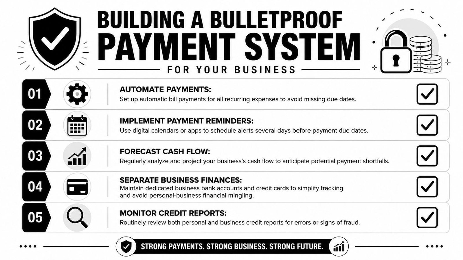 A five-step checklist for building a robust and organized payment system for business financial success.