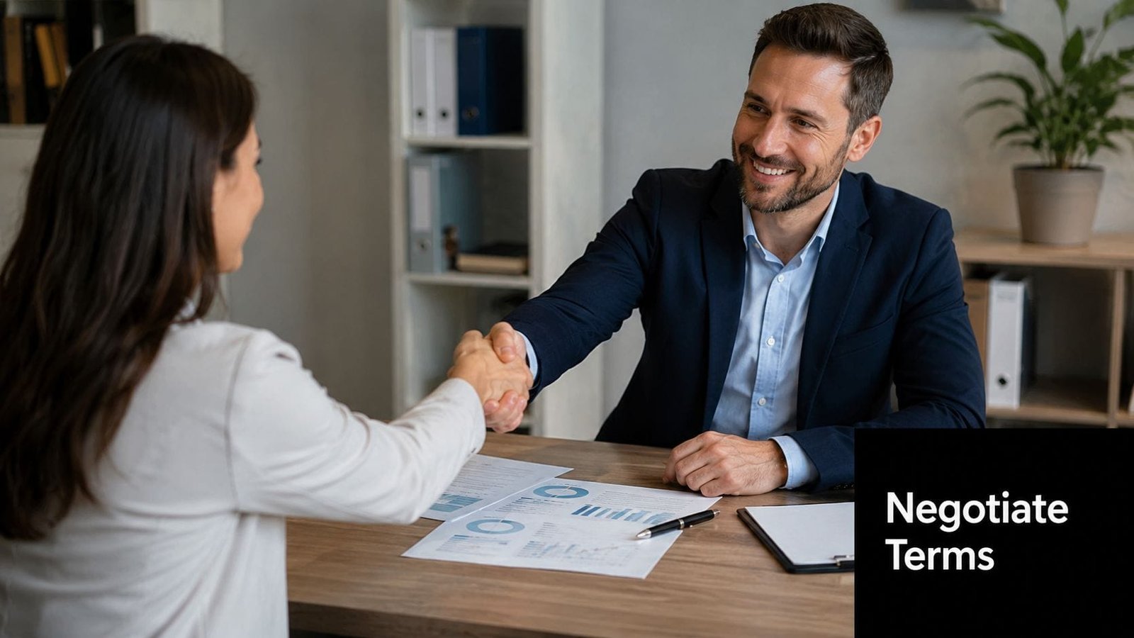 A smiling businessman shaking hands with a colleague across a desk during a professional business negotiation meeting.