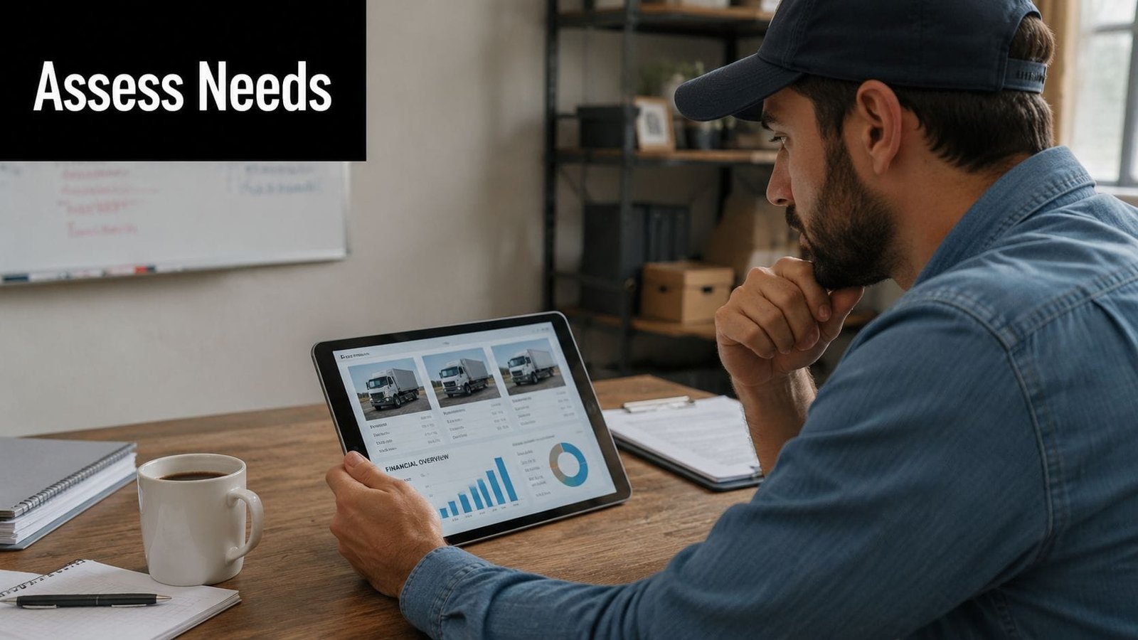 A man in a baseball cap reviews dump truck financing and fleet financial data on a digital tablet.