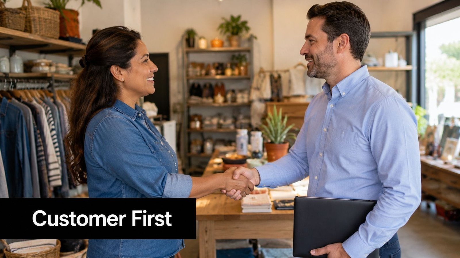 A woman and a man shaking hands in a small retail store, representing excellent customer service.