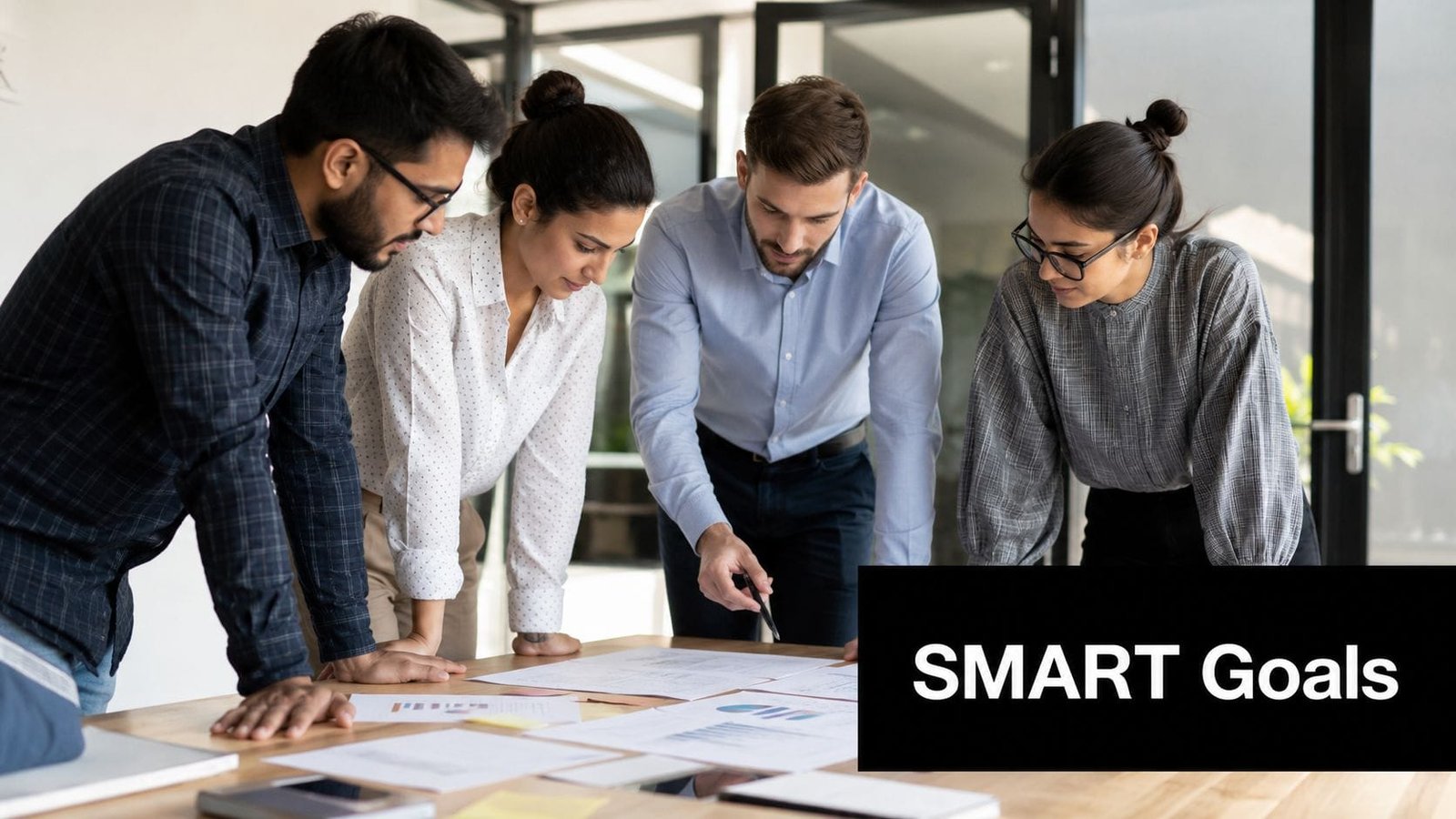 A professional team collaborating on business strategies and SMART goals in a modern office meeting room.