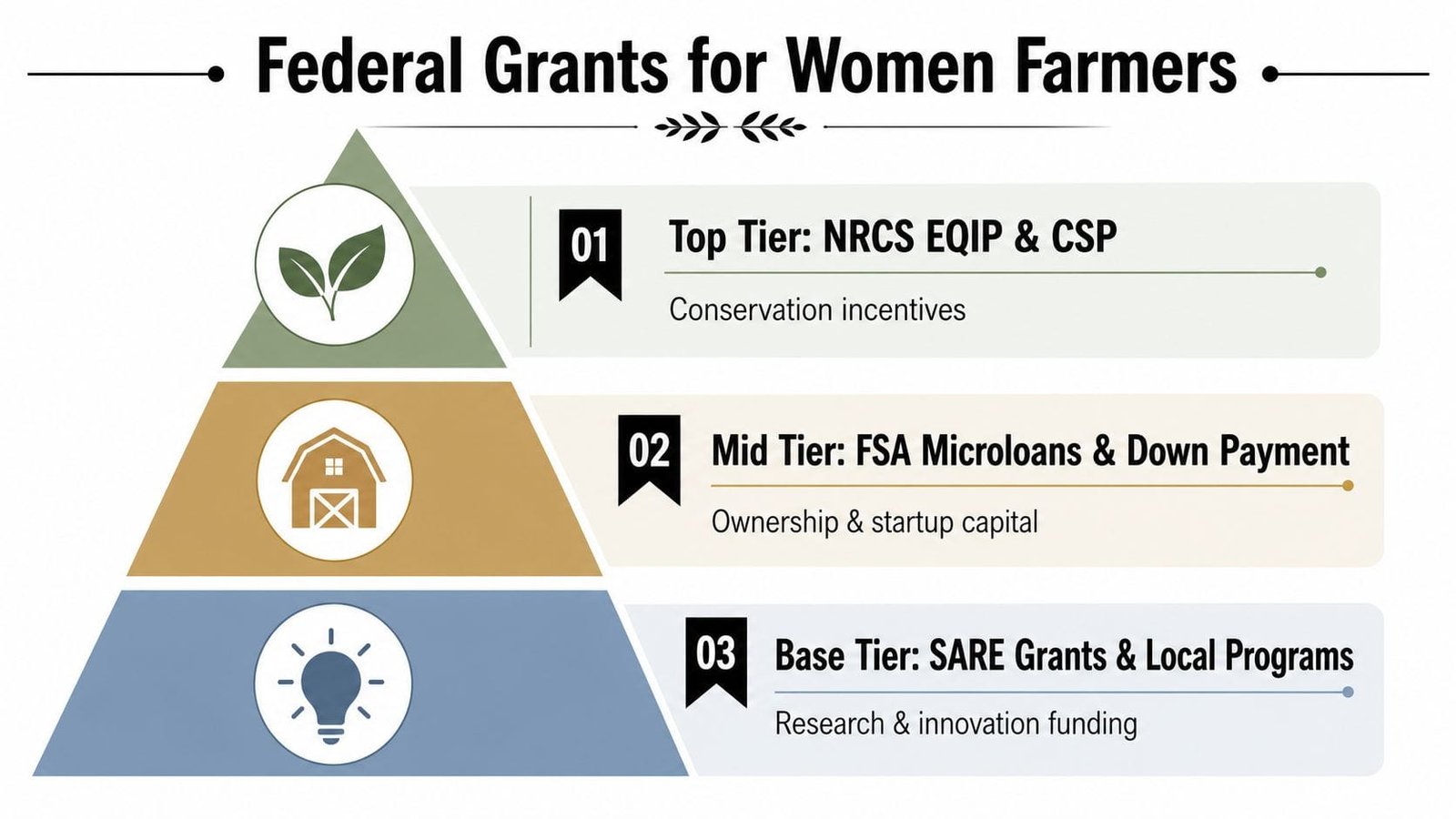 An infographic showing a three-tier structure of federal grant programs available for women farmers.