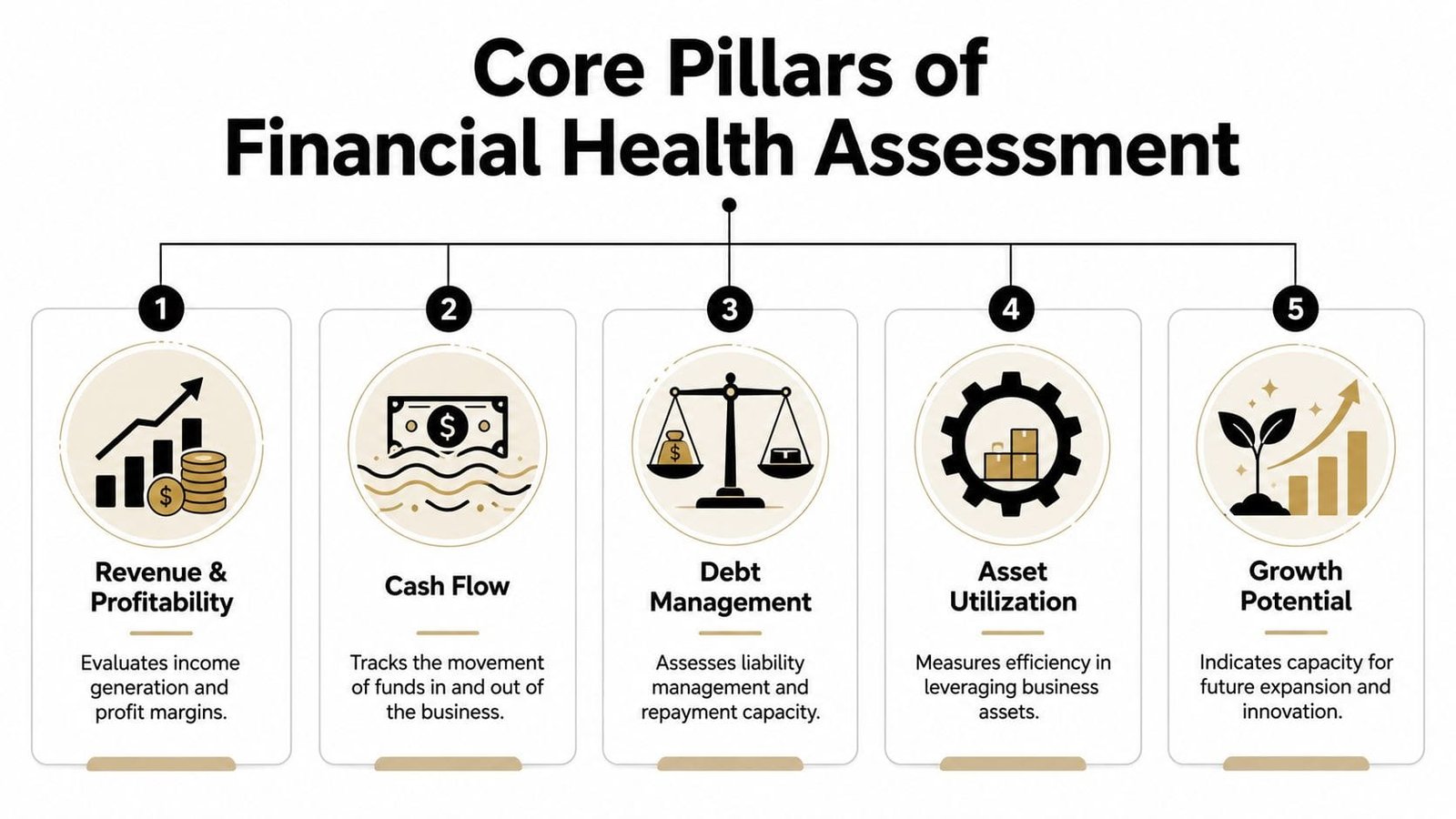 An infographic showing the five core pillars of financial health assessment for business planning and analysis.