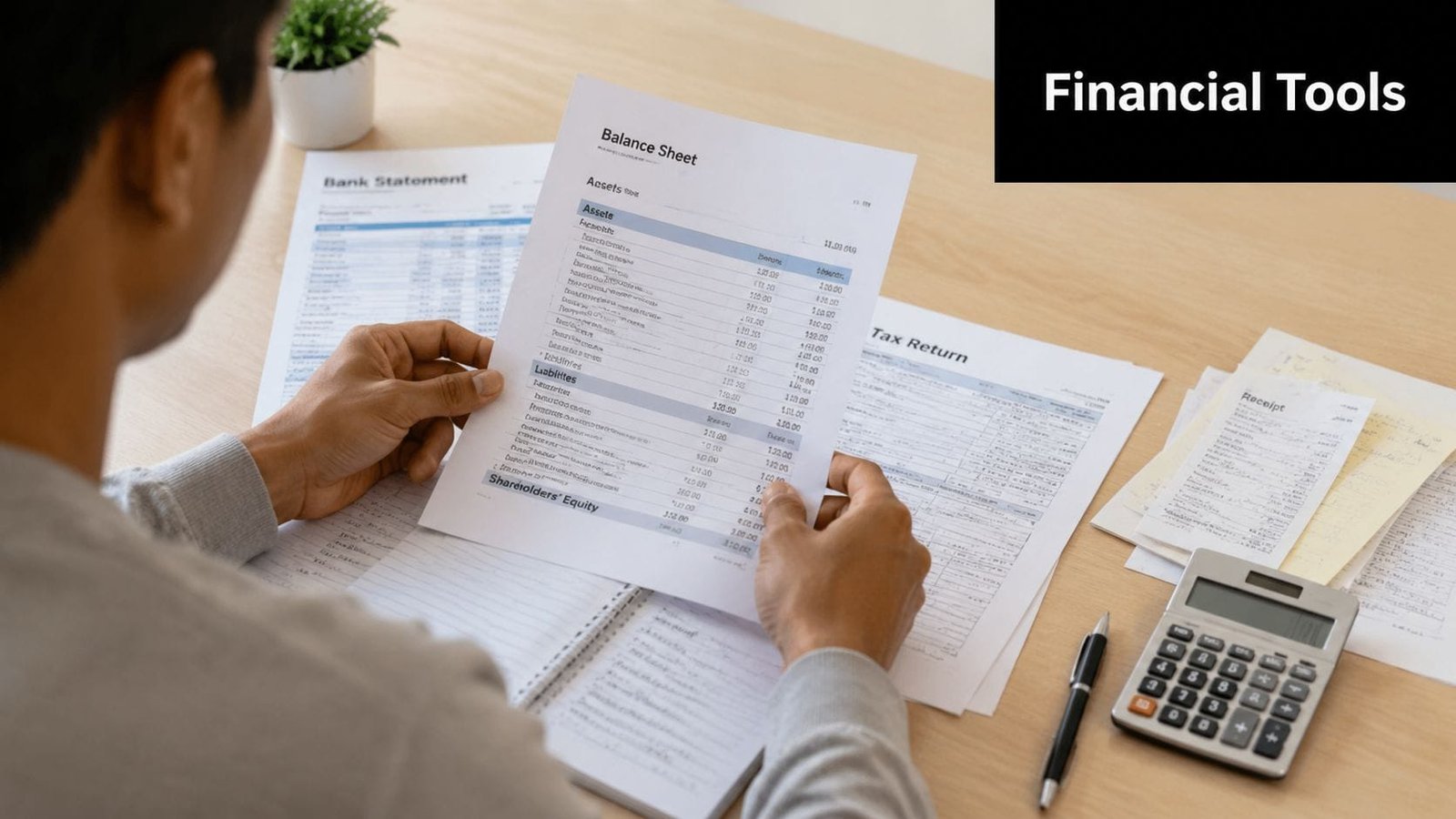 A person reviewing financial documents including a balance sheet, tax returns, and a calculator on a desk.