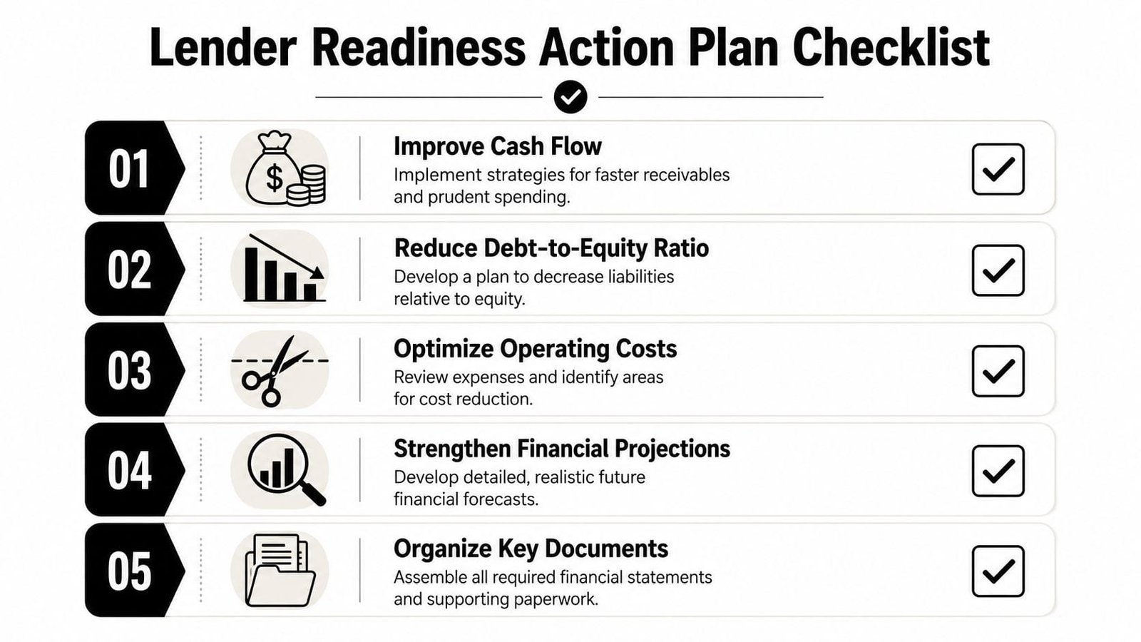 A five-step Lender Readiness Action Plan checklist graphic for improving business financial health and securing loans.