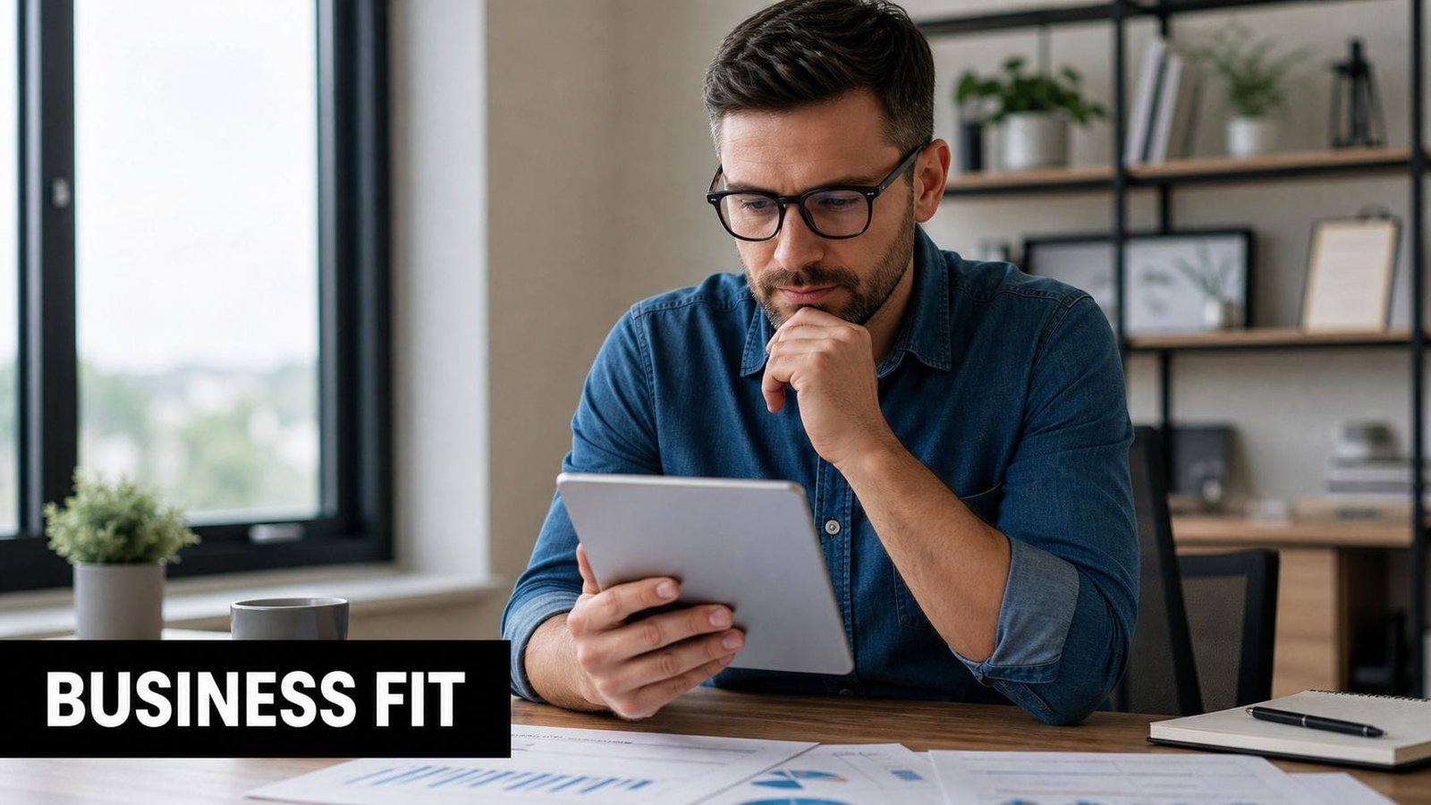 A professional man with glasses looking thoughtfully at a digital tablet at his organized office desk.