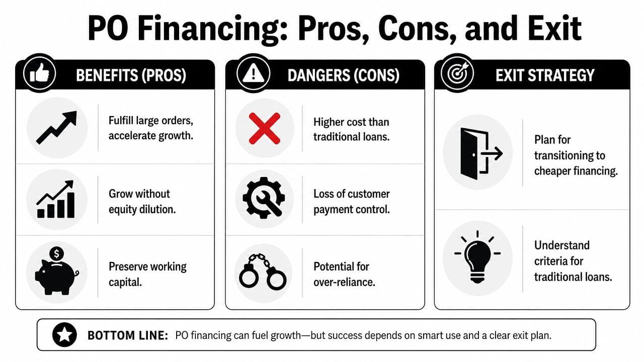 A visual guide summarizing the key benefits, potential dangers, and exit strategies for purchase order financing.
