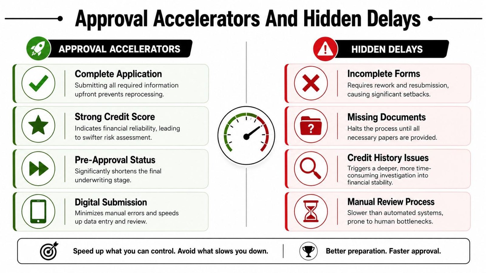 An infographic comparing factors that accelerate loan approvals versus hidden delays that slow down the process.