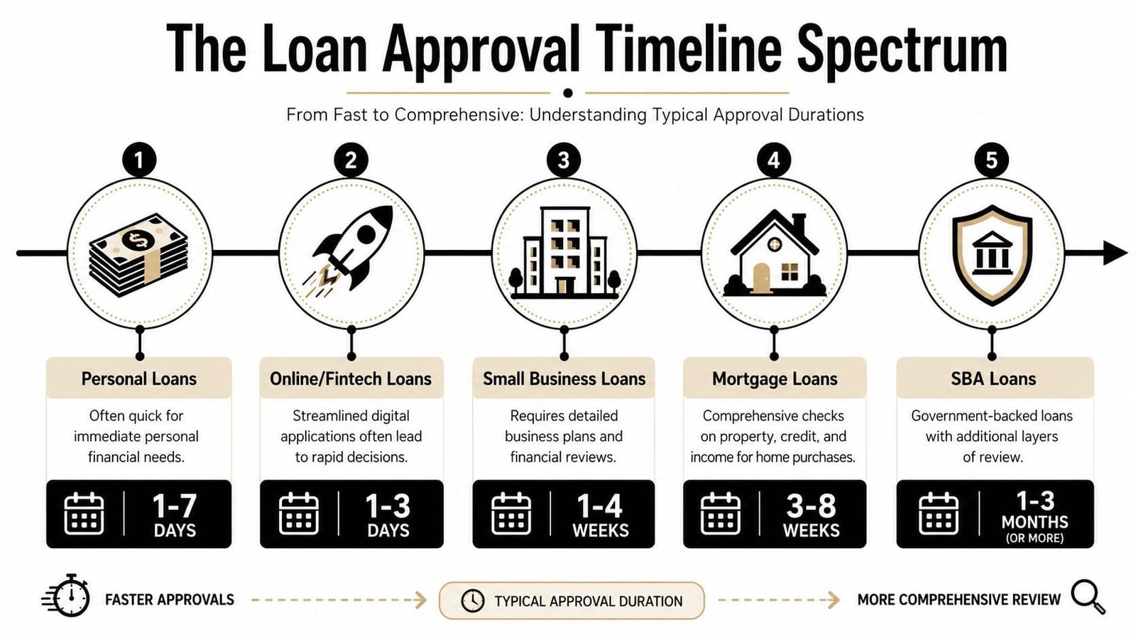 An infographic showing the spectrum of loan approval timelines, ranging from quick personal loans to comprehensive SBA loans.