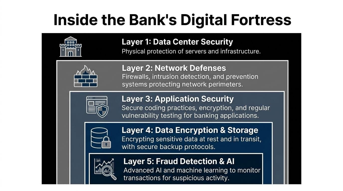 A five-layer infographic illustrating the tiered security architecture used to protect modern digital banking systems.