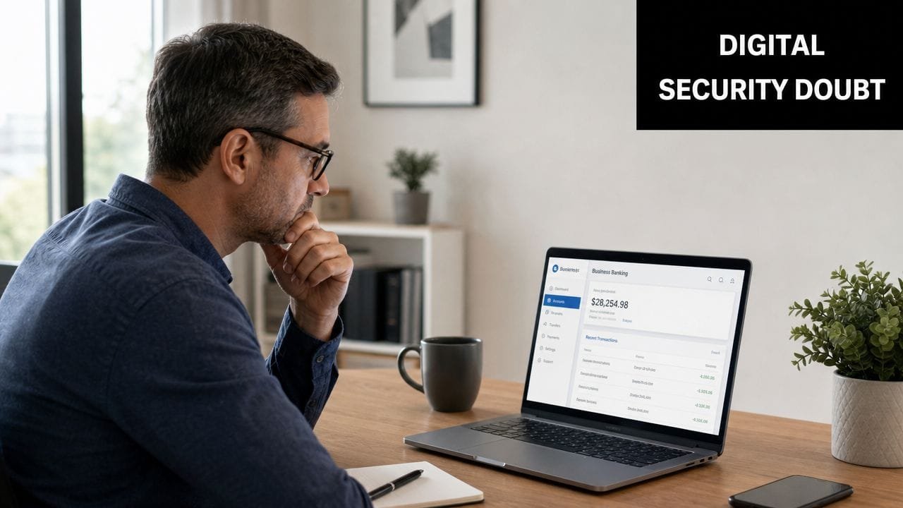 A businessman sits at a desk looking concerned while viewing his bank account on a laptop screen.