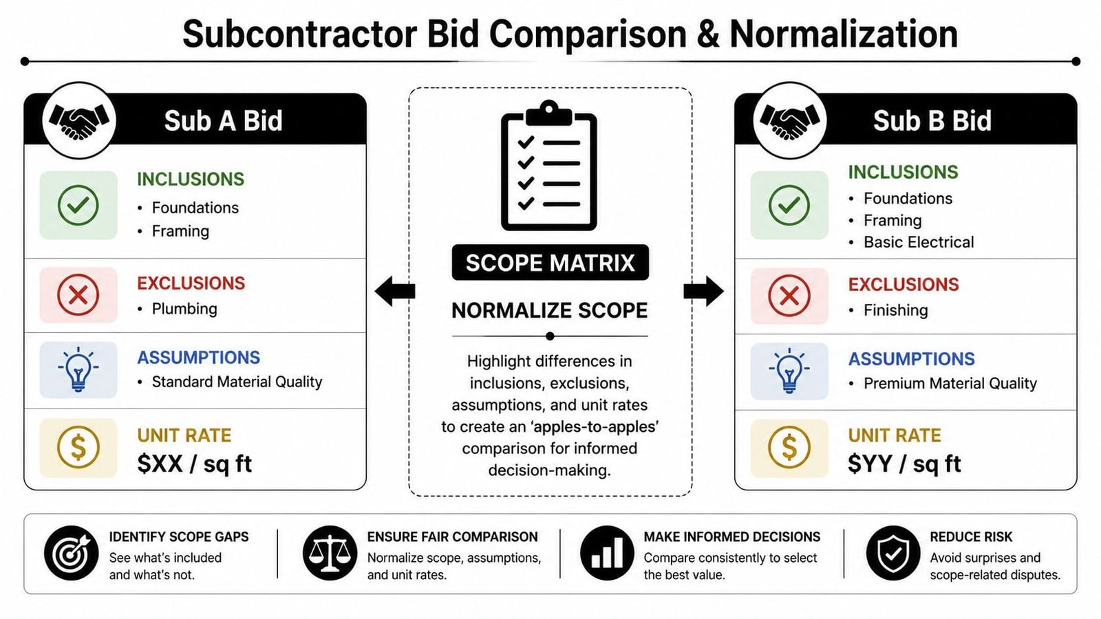 A diagram illustrating the process of subcontractor bid comparison and normalization for construction projects.