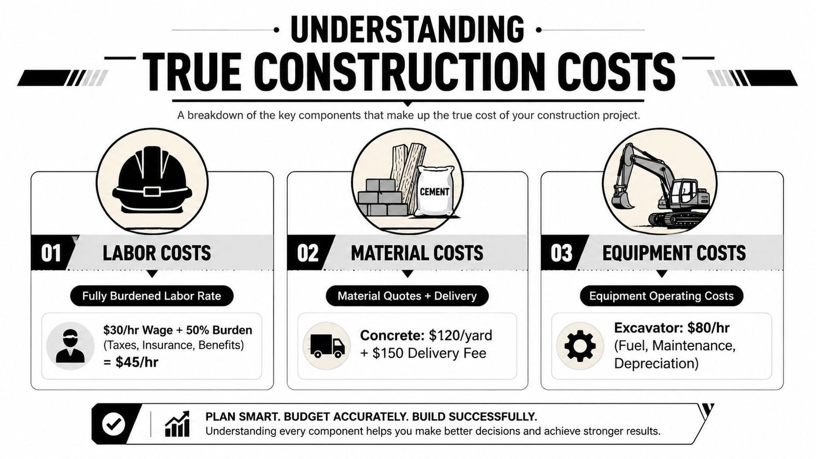 An infographic showing the three key components of true construction costs: labor, materials, and equipment.