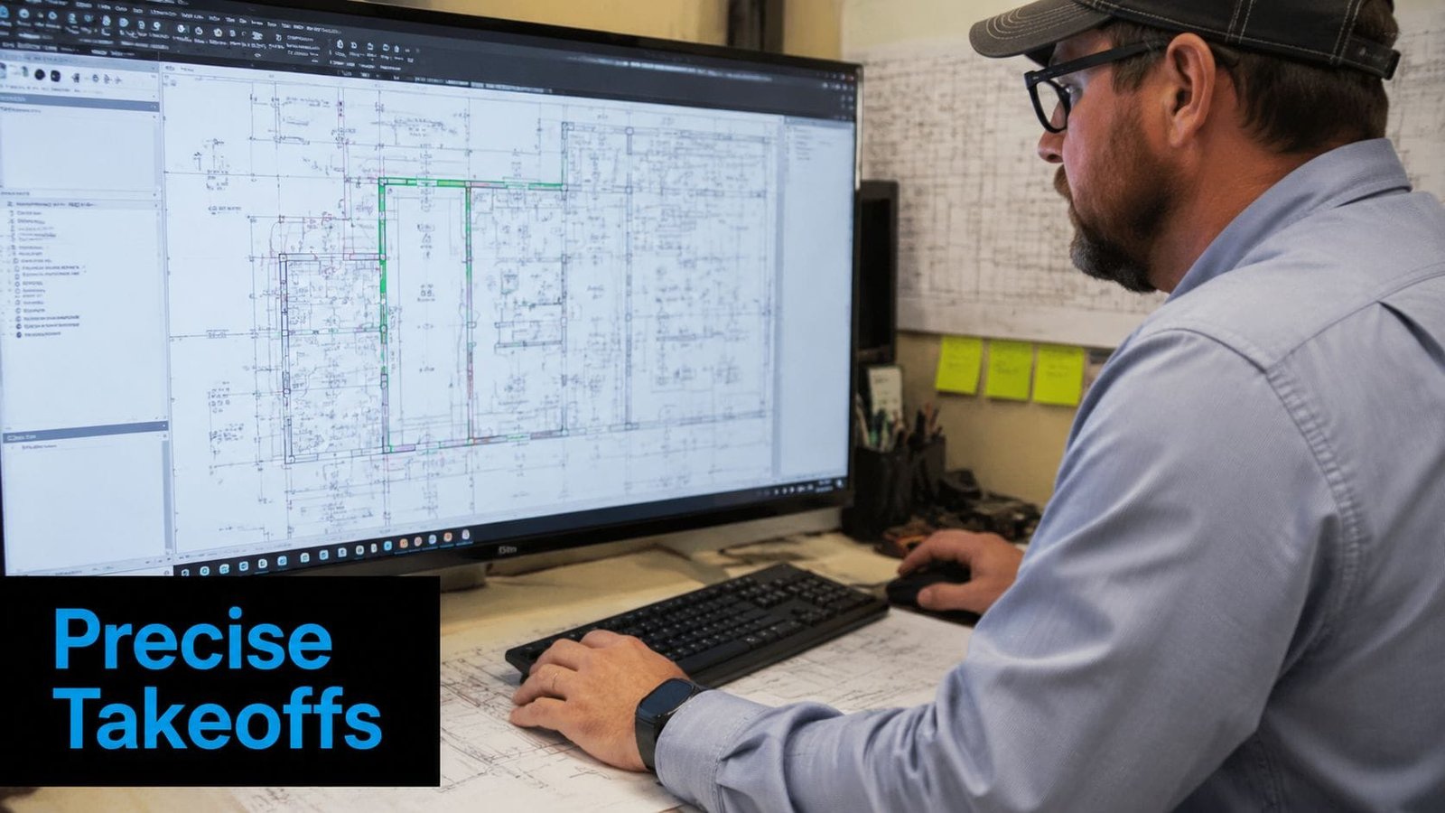 A professional construction estimator working on architectural blueprints on a large computer monitor in an office.