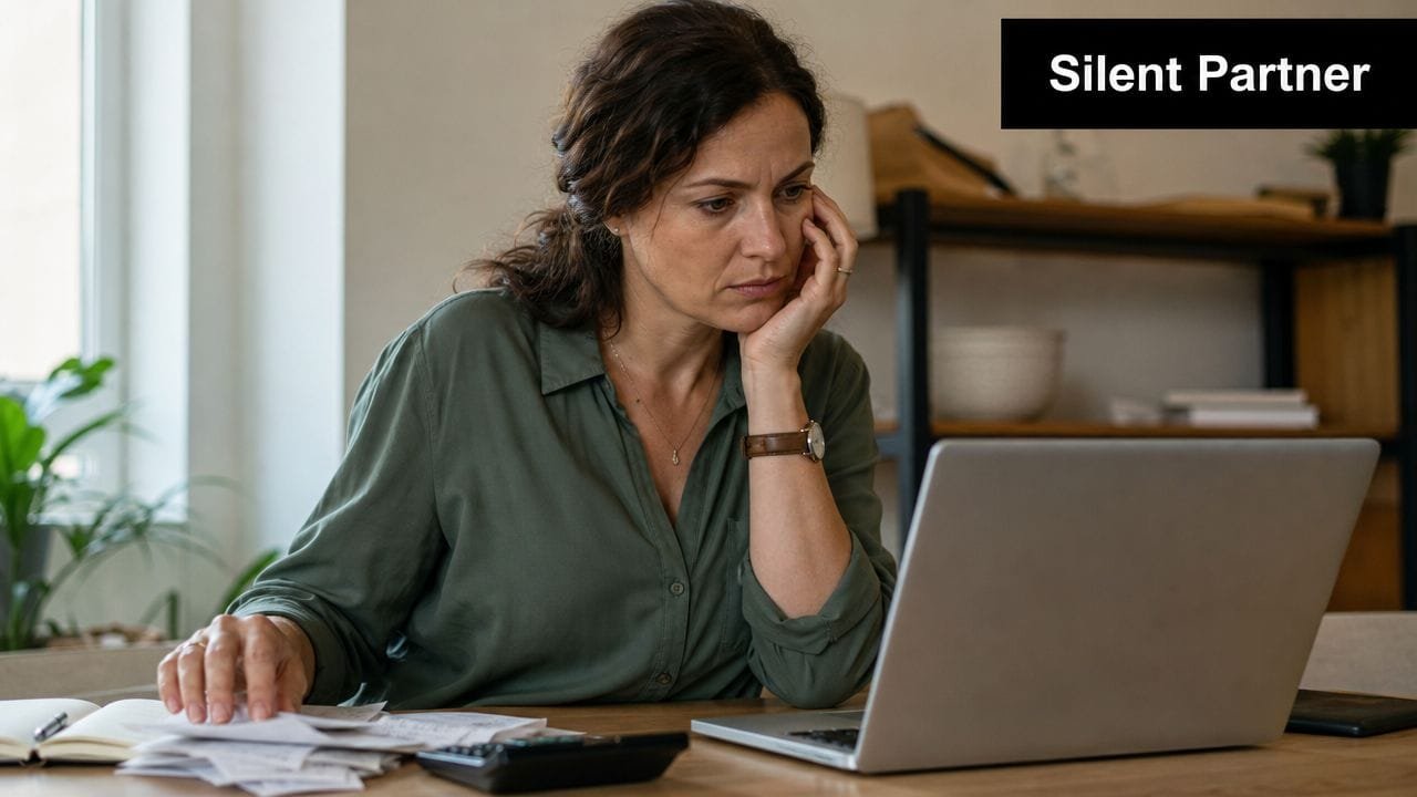 A concerned woman sitting at a desk with a laptop and documents, analyzing her business expenses.