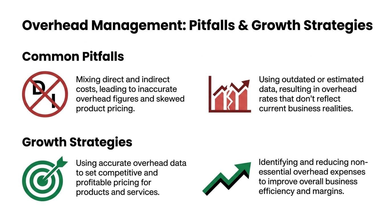 A slide explaining overhead management, highlighting common pitfalls and effective growth strategies for business success.