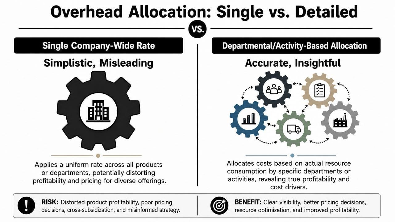 A comparison chart highlighting the differences between single company-wide overhead rates and detailed activity-based cost allocation.