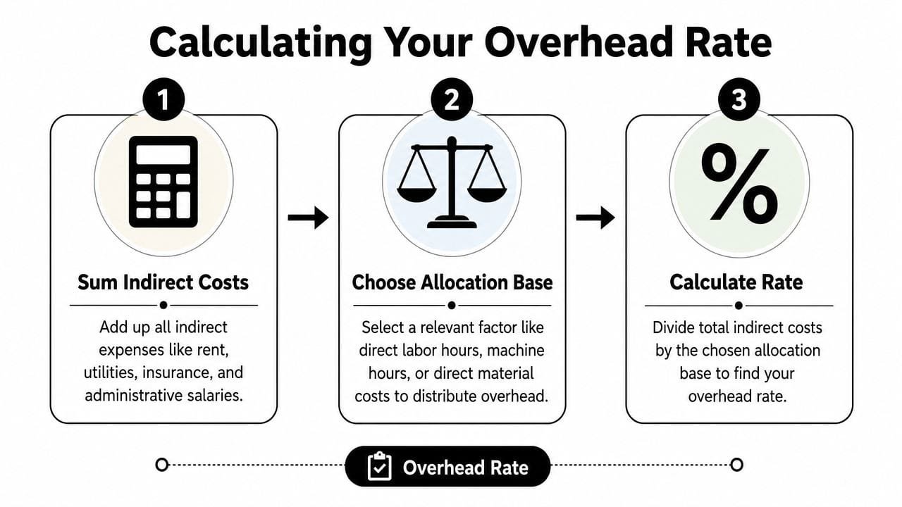 A three-step infographic showing how to calculate overhead rate by summing costs, choosing allocation bases, and dividing.