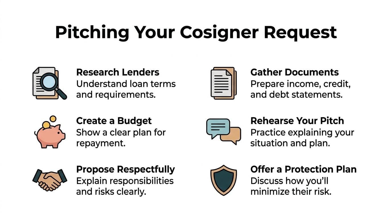 A guide listing six essential steps for effectively asking someone to cosign a loan for you.