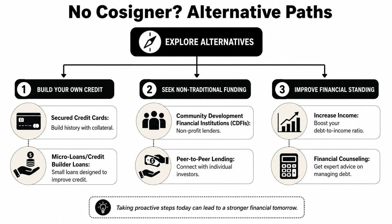 An infographic showing three alternative financial paths for individuals who do not have a loan cosigner.