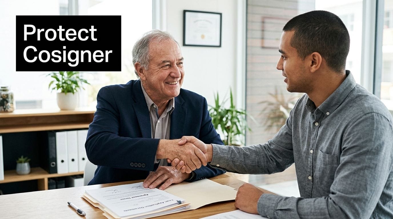 An older man in a suit shaking hands with a younger man over loan application documents.