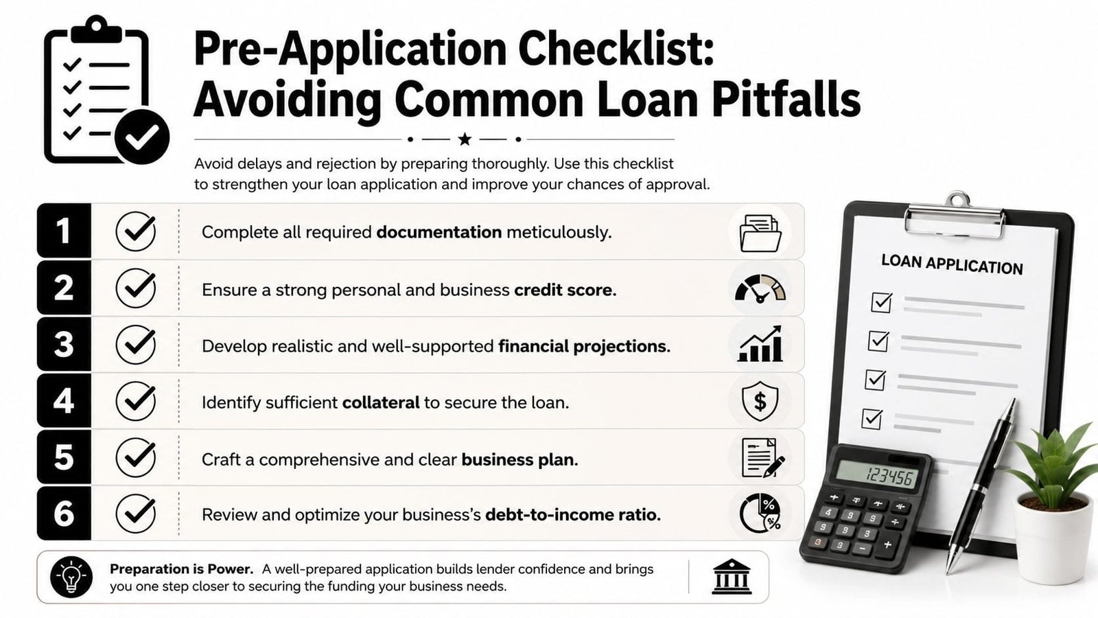 A checklist for business owners detailing six essential steps to prepare for a successful loan application.