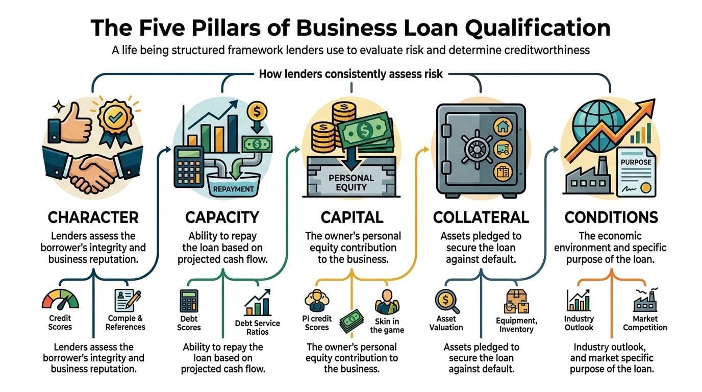 An infographic detailing the five pillars of business loan qualification: character, capacity, capital, collateral, and conditions.