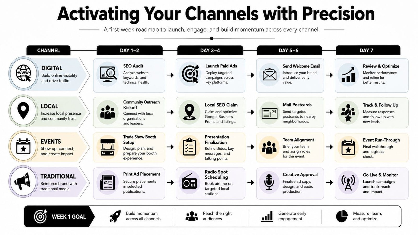 A comprehensive one-week marketing roadmap showing actionable tasks across digital, local, event, and traditional channels.