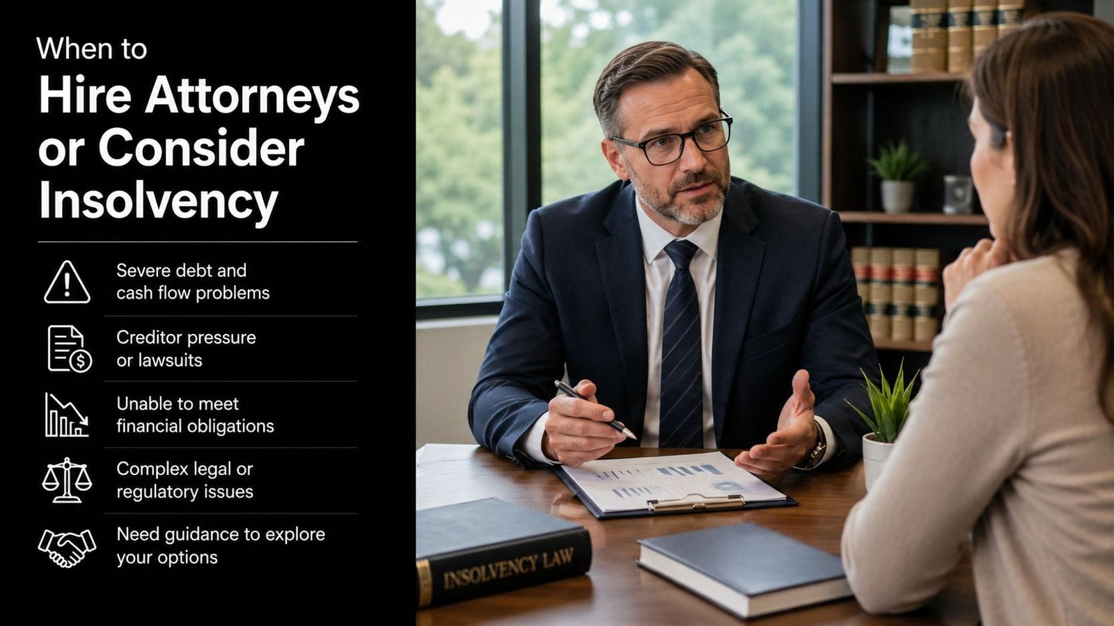A professional attorney discussing legal insolvency options with a client in a modern office environment.