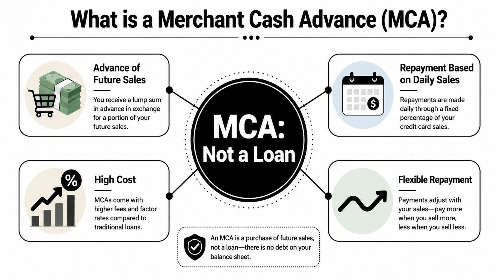 An infographic explaining that a Merchant Cash Advance is a purchase of future sales, not a loan.
