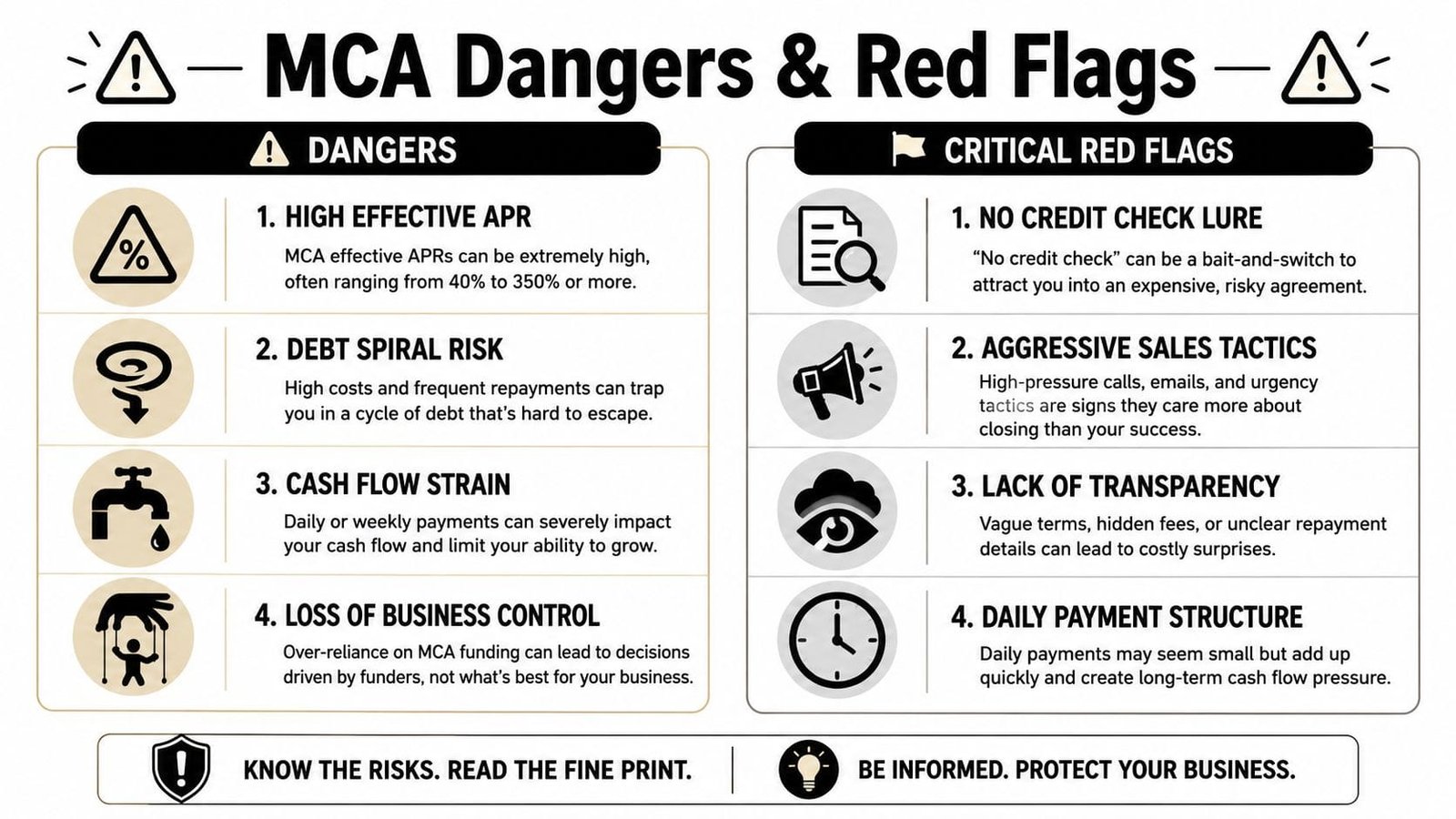 An infographic titled MCA Dangers and Red Flags highlighting risks associated with merchant cash advance loans.