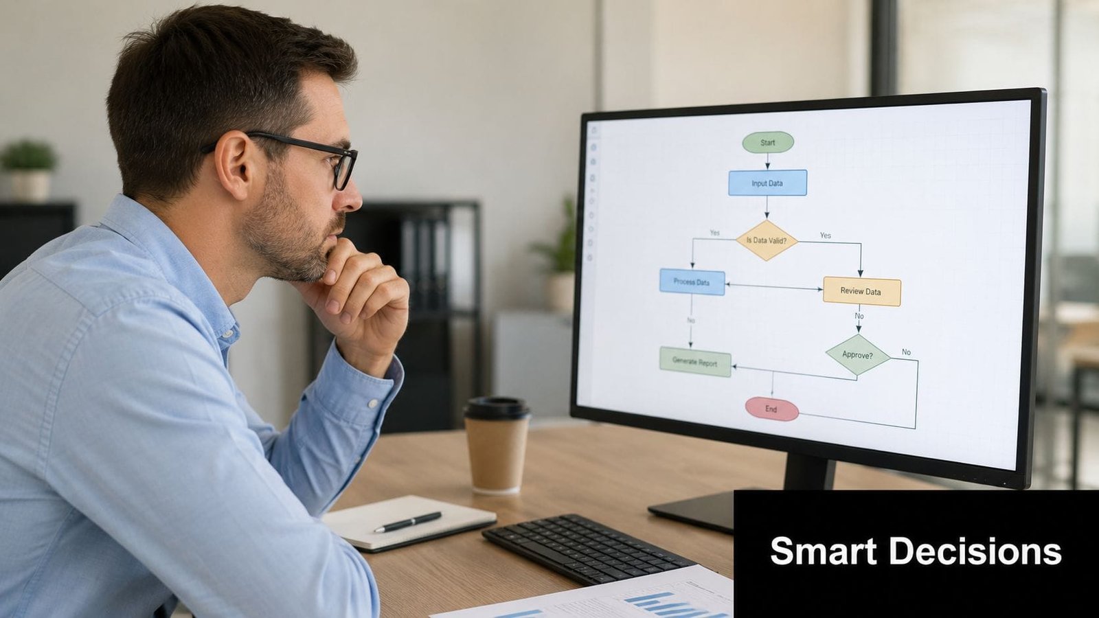 A professional man at a desk looking at a computer screen displaying a flowchart about smart decisions.