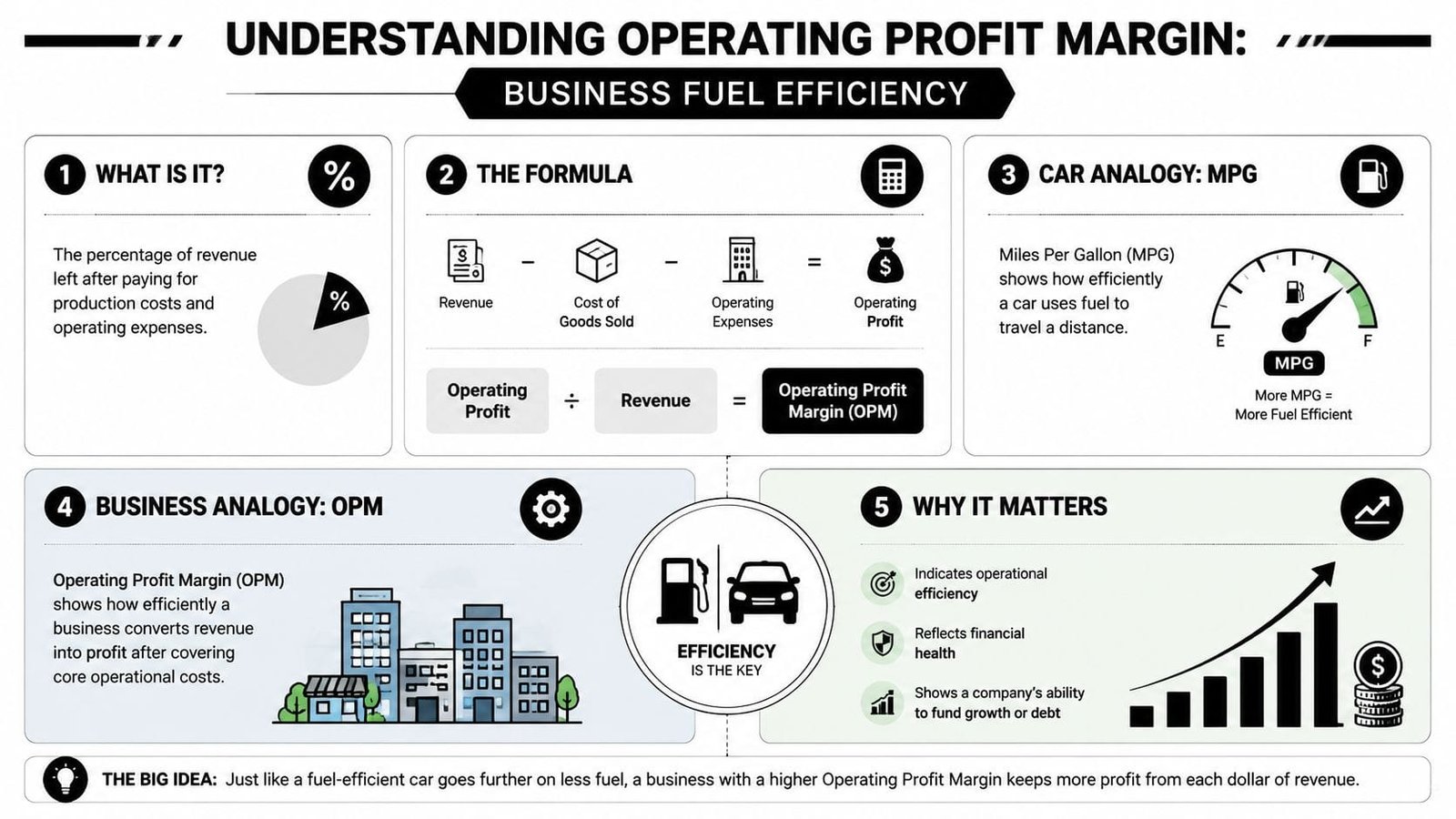 An infographic explaining operating profit margin using a car fuel efficiency analogy, formulas, and business implications.